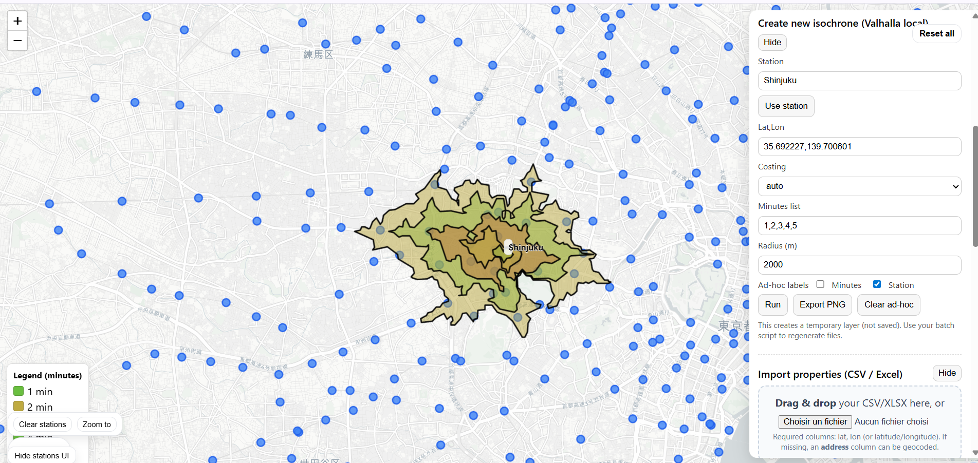 Isochrone map for a Tokyo station